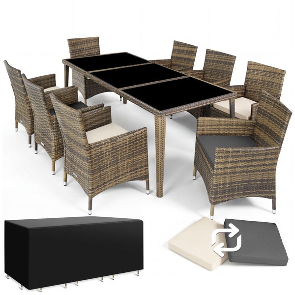 Gartenmöbel-Set aus Polyrattan mit 8 Stühlen, Tisch mit Glasplatte, Sitzkissen in zwei Ausführungen und Abdeckhaube.
