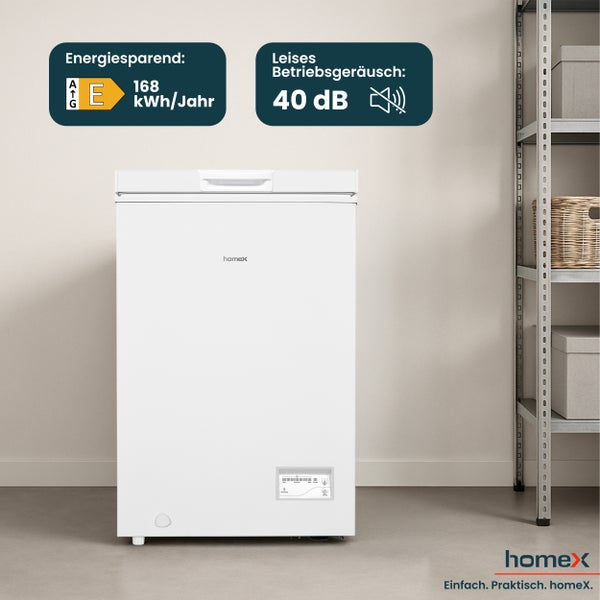Weiße Gefriertruhe mit Energieeffizienzklasse E, einem jährlichen Energieverbrauch von 168 Kilowattstunden und einem Geräuschpegel von 40 Dezibel.