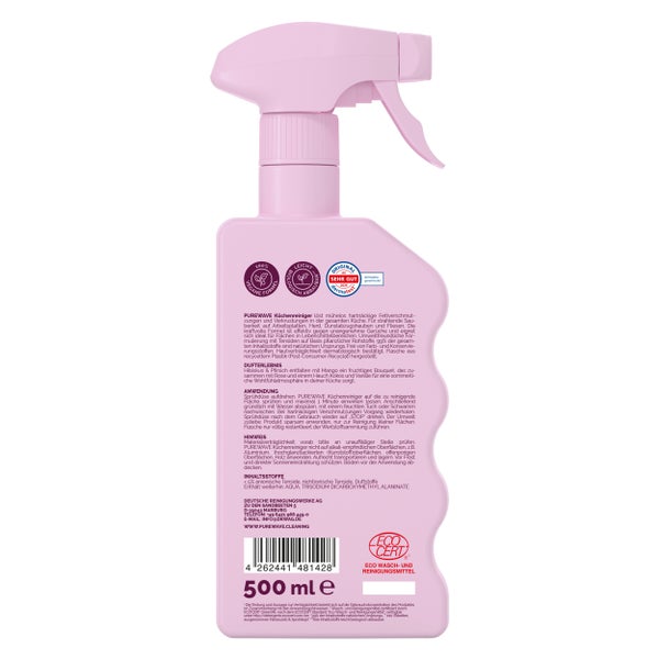 PUREWAVE Küchenreiniger Sprühflasche 500 Milliliter mit Produktinformationen und Inhaltsstoffen auf der Rückseite.