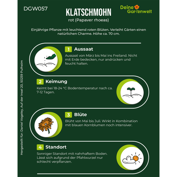 Deine Gartenwelt Logo. Infografik für Klatschmohn: Aussaat März bis Mai, Keimung bei 18 bis 24 Grad Celsius, Blütezeit Mai bis Juli, sonniger Standort.