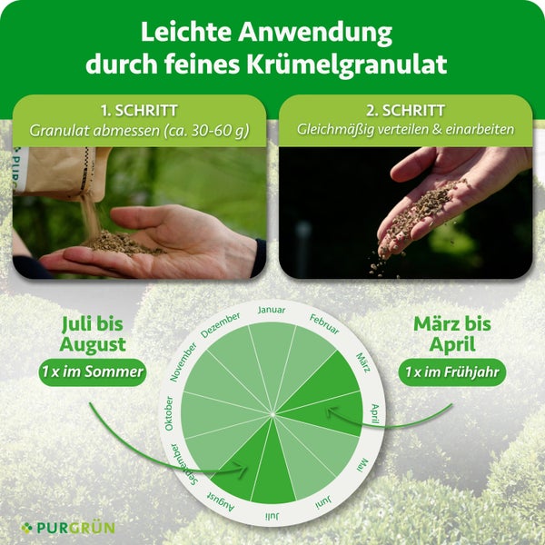 Anwendungshinweise für Purgrün Granulat mit Schritt für Schritt Anleitung und Kalender zur Ausbringung im Frühjahr und Sommer.