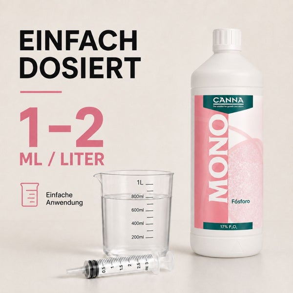 Canna Mono Fosforo Pflanzendünger Flasche mit Messbecher und Dosierspritze für eine einfache Anwendung.
