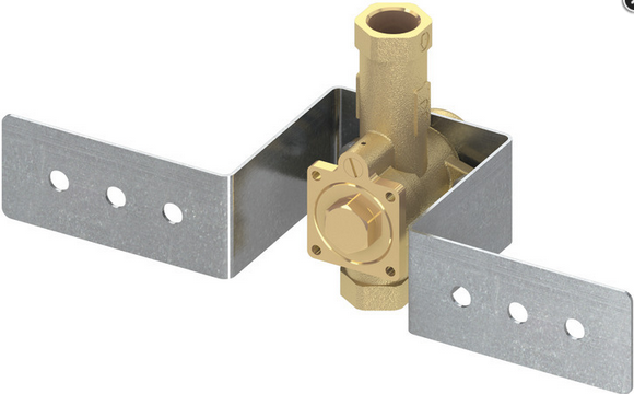 Messing-Armaturenkörper mit Metall-Montagehalterung und vorgebohrten Löchern für die Wandbefestigung.