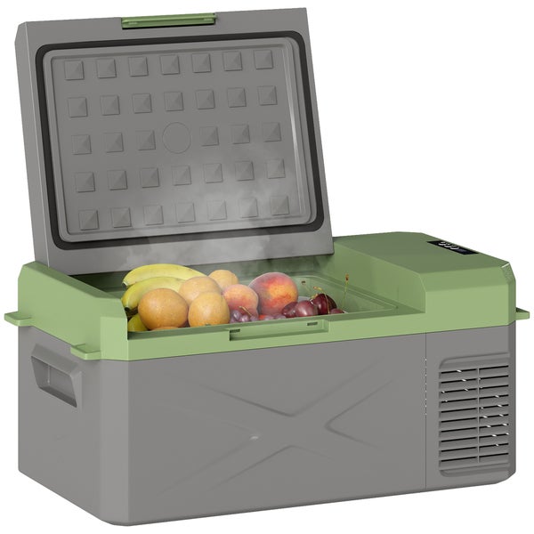 Outsunny 16,3 Liter Kompressor Kühlbox elektrische Kühlbox mit Anschluss ECO Modus Kühlhaltefunktion Gefrierbox Thermobox Mini Kühlschrank 12/220 Volt für Auto Steckdose LKW Camping Boot Grau+Grün