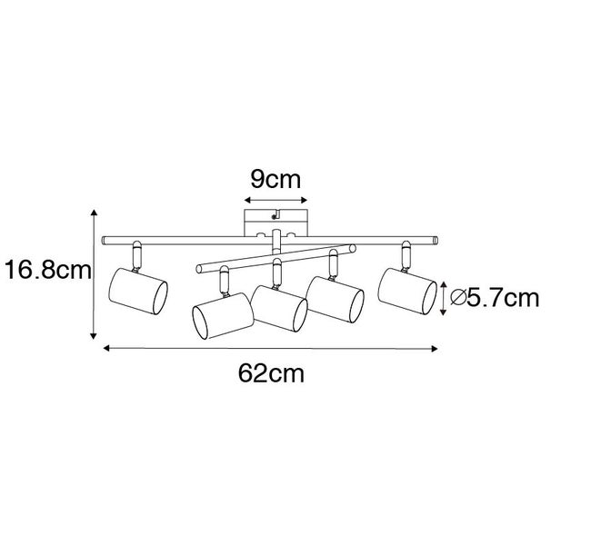 Maße einer Deckenleuchte mit fünf Strahlern: 62 cm breit, 16,8 cm hoch und 9 cm tief, Strahlerdurchmesser 5,7 cm.
