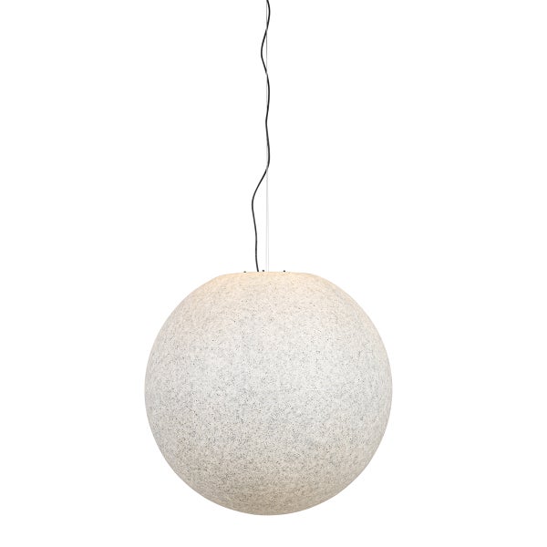 Kugelförmige Pendelleuchte mit strukturierter Oberfläche in Granitoptik und schwarzem Kabel.