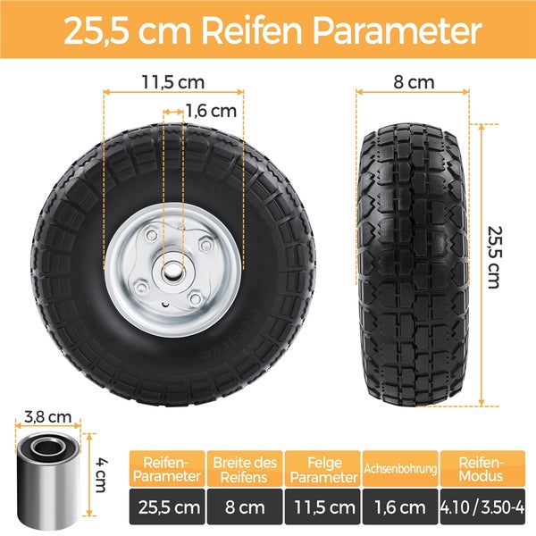 Reifen mit den Parametern 25,5 cm Reifendurchmesser, 8 cm Reifenbreite, 11,5 cm Felgendurchmesser und 1,6 cm Achsenbohrung
