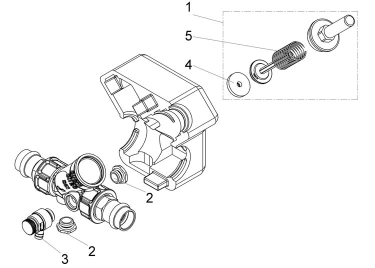 Explosionszeichnung einer Armatur mit nummerierten Einzelteilen wie Feder, Dichtungen und Gehäuse.