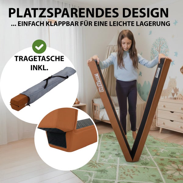 Klappbarer Schwebebalken für Kinder in einem hellen Kinderzimmer, inklusive Tragetasche und Detailansicht des Klappmechanismus.