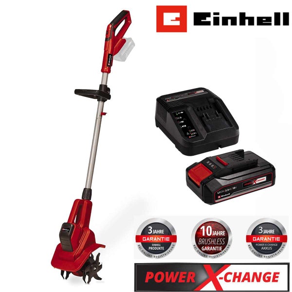 Einhell Akku-Bodenhacke mit Ladegerät und Akku aus der Power X-Change Reihe inklusive Garantie- und Brushless-Garantiesiegel.