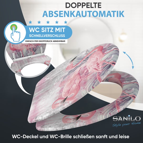 Sanilo WC Sitz mit Flamingomotiv, Absenkautomatik und Schnellverschluss zur einfachen Reinigung.