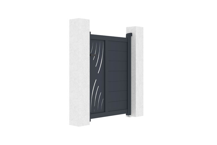 Gartentor aus Aluminium in Anthrazit mit horizontalen Lamellen und dekorativen geschwungenen Ausschnitten zwischen zwei Pfosten.