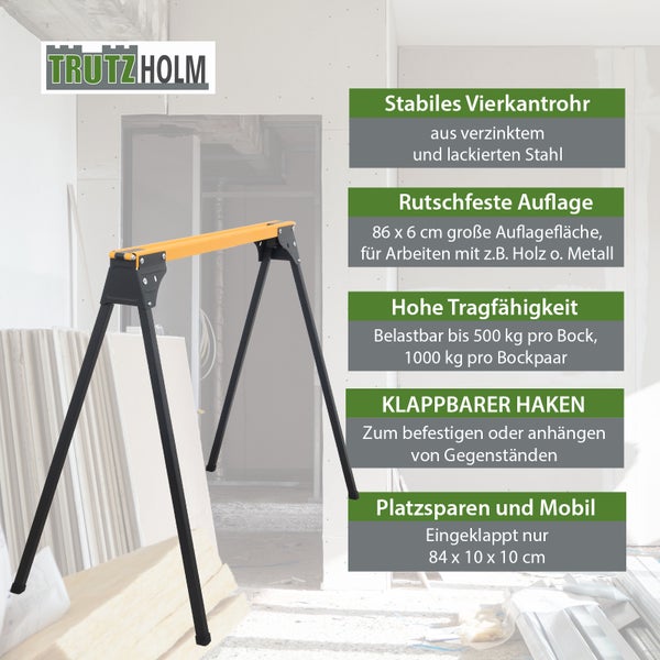 Trutzholm Logo. Arbeitsbock aus Stahl mit rutschfester Auflage, Tragfähigkeit bis 500 Kilogramm, klappbarem Haken und platzsparendem Design.