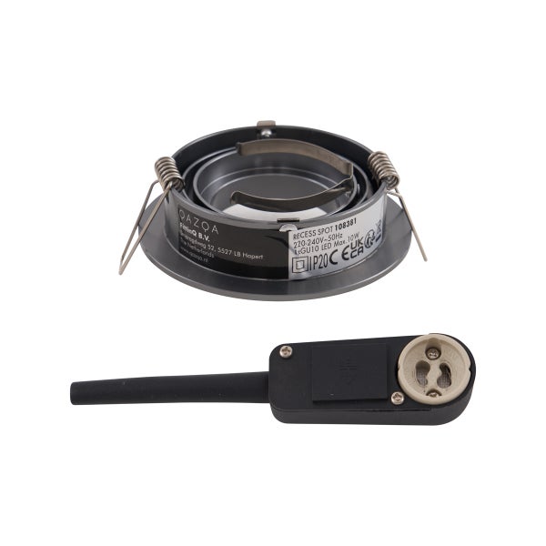 Einbauspot-Gehäuse inklusive GU10-Fassung mit Anschlussbox, Metallgehäuse mit seitlichen Federklemmen zur Deckenmontage.