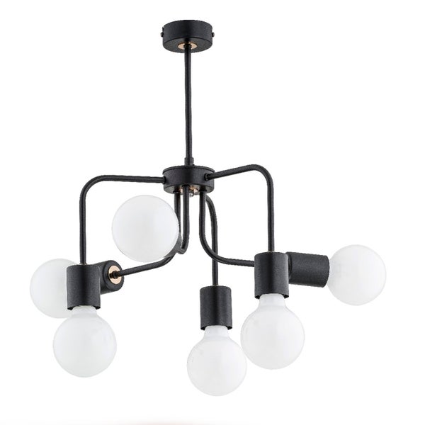 Moderne Deckenleuchte mit 5 Lichtquellen und runden Glaskugeln in industrieller Optik für eine gleichmäßige Raumbeleuchtung.