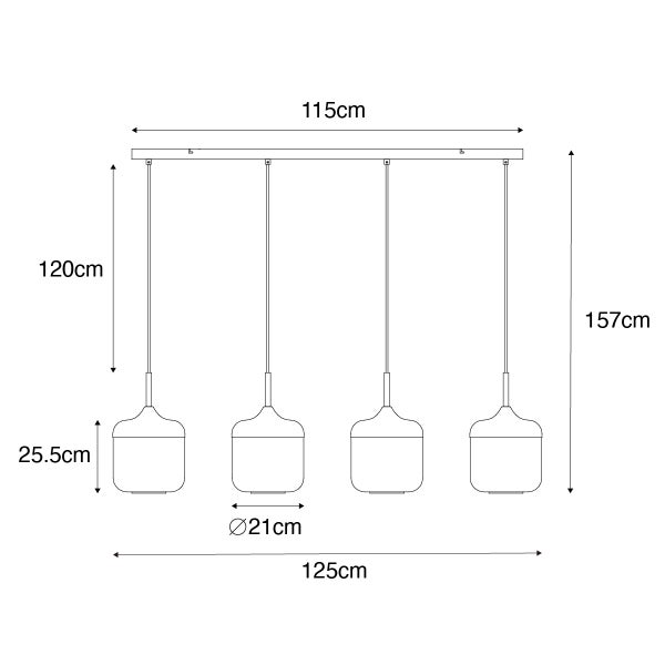 Technische Zeichnung einer Pendelleuchte mit vier Lampen und Maßangaben