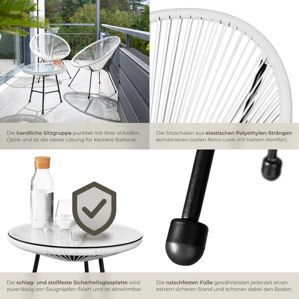 2 Gartenstühle Santana mit Tisch tectake  Belastbarkeit Stuhl 120 kg Retro-Design im Acapulco-Stil weiß