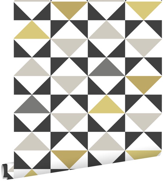 ESTAhome Tapete grafische Dreiecke Weiß, Schwarz, Grau und Ockergelb - 0,53 x 10,05 m - 139095