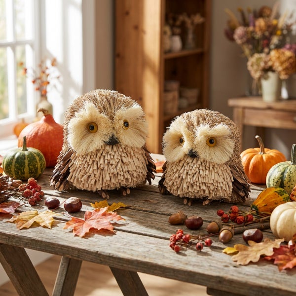 Zwei dekorative Eulenfiguren aus Naturmaterialien auf einem rustikalen Holztisch arrangiert, umgeben von herbstlicher Dekoration wie Kürbissen.