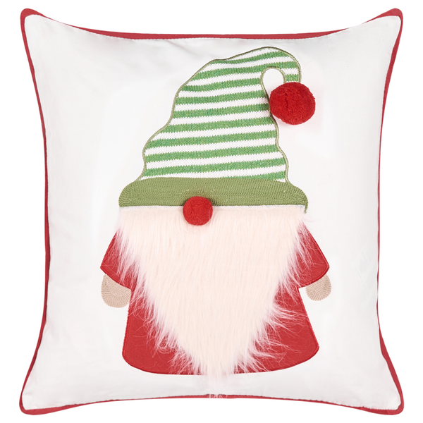Quadratisches Dekokissen mit appliziertem Weihnachtswichtel und langem Bart aus Plüsch