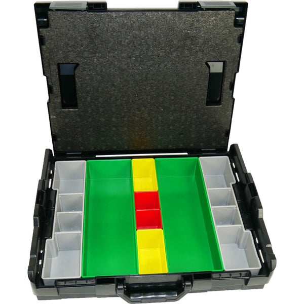 Geöffnete Werkzeugbox mit Fächern in verschiedenen Größen