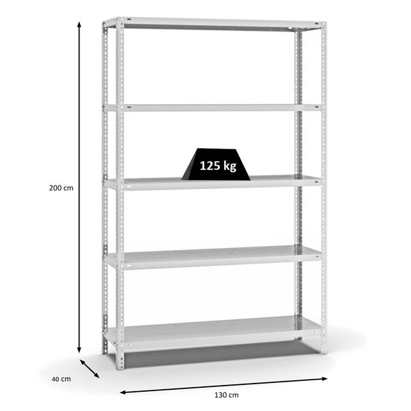 PROREGAL Fachbodenregal Schraubsystem Light-Duty Grundregal HxBxT 200 x 130 x 40 cm 5 Ebenen Fachlast 125 kg Beidseitig Nutzbar Lichtgrau