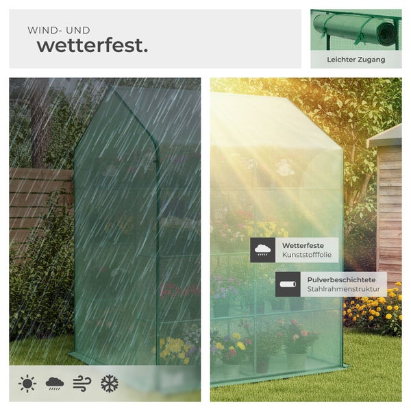 Wetterfestes Gewächshaus mit Kunststofffolie und pulverbeschichtetem Stahlrahmen, beständig gegen Wind, Regen, Sonne und Schnee.