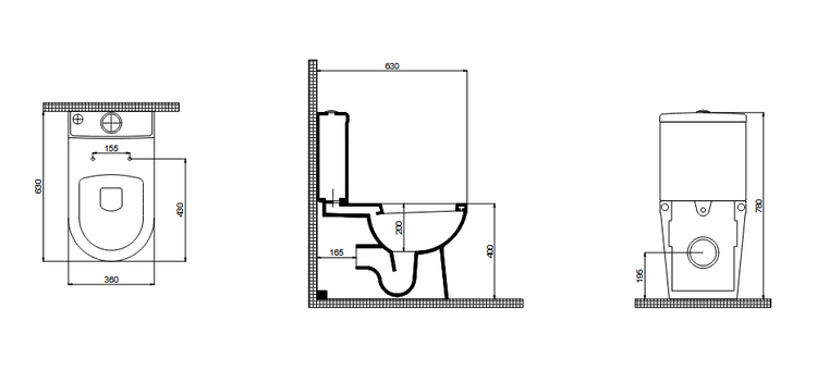 Technische Zeichnung eines Stand Tiefspül WC mit Maßangaben