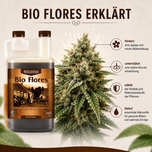 Biocanna Bio Flores Pflanzendünger für die Blütephase mit Erklärgrafik zu Wirkung und Inhaltsstoffen für optimales Pflanzenwachstum.