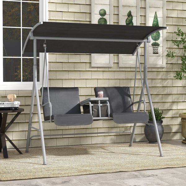 Outsunny Hollywoodschaukel 2-Sitzer Schaukelbank mit Baldachin, Tasche, Gartenschaukel mit Tablett, bis 180 kg Belastbar, für Garten, Balkon, Schwarz