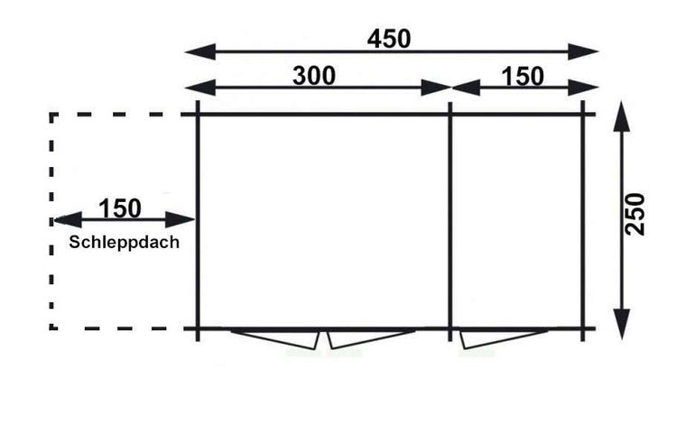 Grundriss Gartenhaus mit Schleppdach. Breite 450 Zentimeter, Tiefe 250 Zentimeter. Breite Schleppdach 150 Zentimeter.