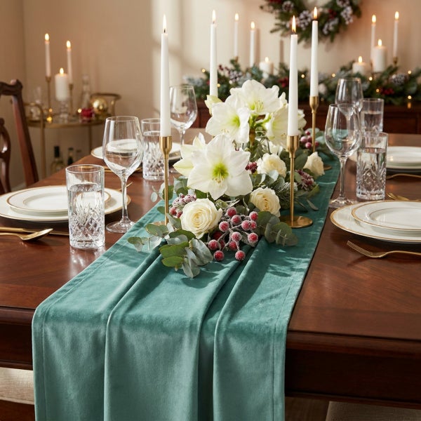 Festlich gedeckter Esstisch mit einem Tischläufer aus Samt, Blumenschmuck aus Amaryllis und Rosen sowie Kerzen für eine weihnachtliche Dekoration.