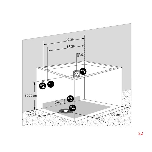 Installationsschema für Dusche mit Maßangaben