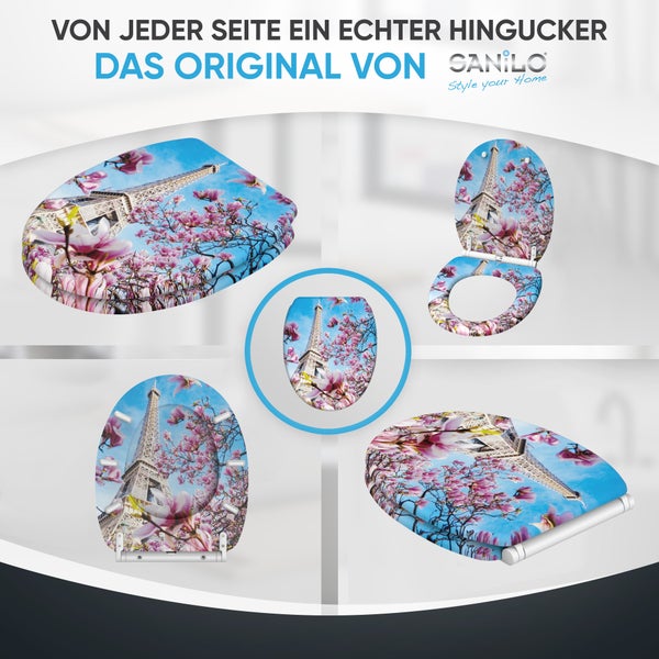 Sanilo WC Sitz mit Eiffelturm und Magnolienblüten Motiv in verschiedenen Ansichten.
