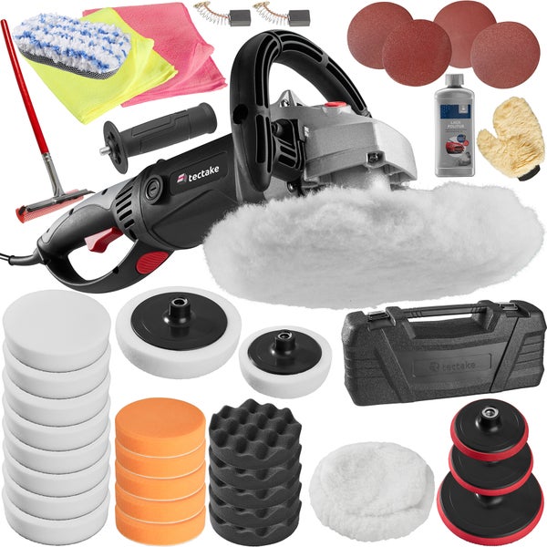 37-teiliges Poliermaschinen-Set tectake  inklusive Lackpolitur, 2 Mikrofasertüchern, Wischer, Schwamm, Handschuh, 4 Schleifpapieren, 2 Ersatzkohlen und Transportkoffer 1500 W schwarz