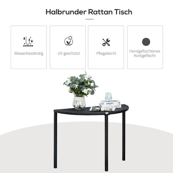 Outsunny Balkontisch Garten Beistelltisch Tisch Gartenmöbel halbrund Polyrattan Metall Schwarz 100 x 50 x 74 cm