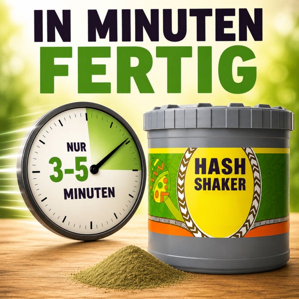 Grauer Hash Shaker Behälter neben einer Uhr, die eine schnelle Zubereitungszeit von drei bis fünf Minuten darstellt.