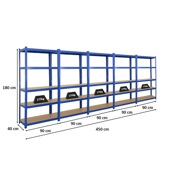 PROREGAL Mega Deal 5x Schwerlastregal Ragnar HxBxT 180 x 90 x 40 cm Fachlast 175 kg Blau