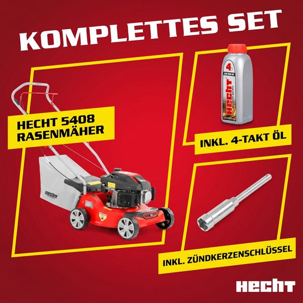 Hecht 5408 Rasenmäher Komplettset inklusive 4-Takt Motorenöl und Zündkerzenschlüssel.