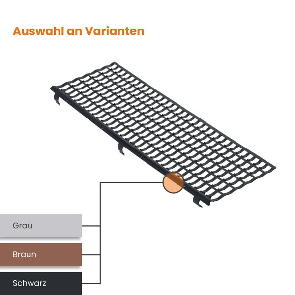 Auswahl an Varianten für Traufenkamm zur Dachbelüftung in den Farben Grau, Braun und Schwarz.