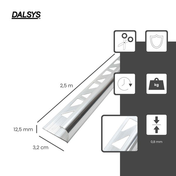 Dalsys Logo. Aluminium Fliesenschiene mit 2,5 Meter Länge, 12,5 Millimeter Höhe, 3,2 Zentimeter Breite und 0,8 Millimeter Materialstärke.