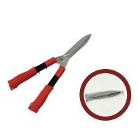 Heckenschere mit Stahlklingen und ergonomischen roten und schwarzen Griffen, inklusive Detailansicht der Schneiden.