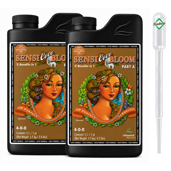 Zwei Flaschen Advanced Nutrients Sensi Coco Bloom Teil A Pflanzennährstoff mit einem Liter Inhalt und eine Pipette.