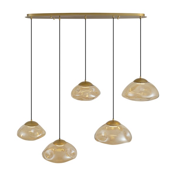 Pendelleuchte mit fünf bernsteinfarbenen Glasschirmen