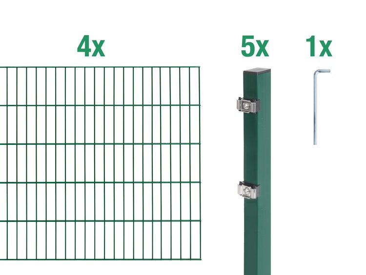 Set mit 4 Doppelstabmatten, 5 Zaunpfosten und 1 Inbusschlüssel für eine Zaunanlage.