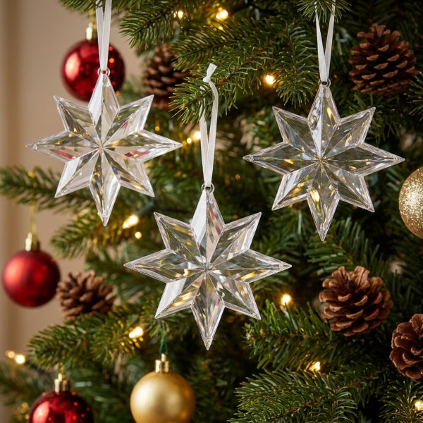 Drei transparente Sternanhänger aus Kunststoff zur Dekoration am Weihnachtsbaum mit weißem Aufhängungsband