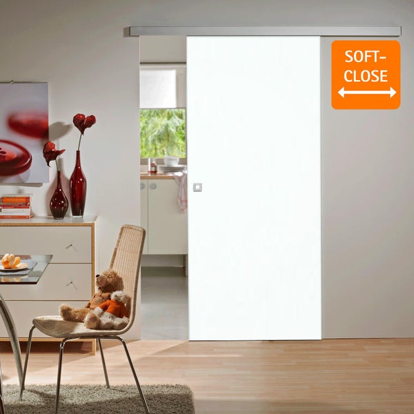 Tür Schiebetür Komplettset Holz weiß 900x2035 Zimmertür Holztür Schiebetürsystem -  Quadratgriff+2seitiger Softclose
