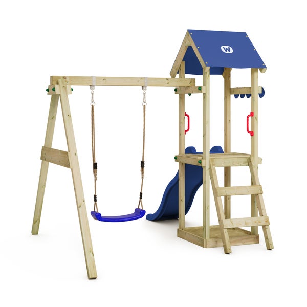 WICKEY Spielturm Klettergerüst TinyWave mit Schaukel und Rutsche, Kletterturm mit Sandkasten, Leiter und Spiel-Zubehör - blau