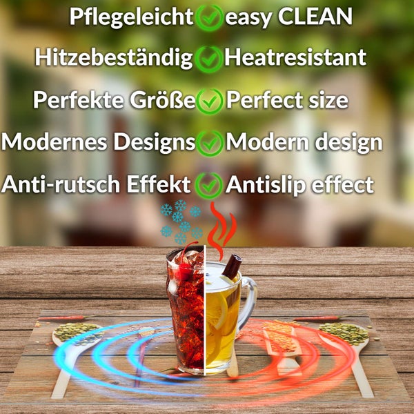 Infografik zu Produkteigenschaften wie pflegeleicht, hitzebeständig, perfekte Größe, modernes Design und Anti-Rutsch-Effekt.