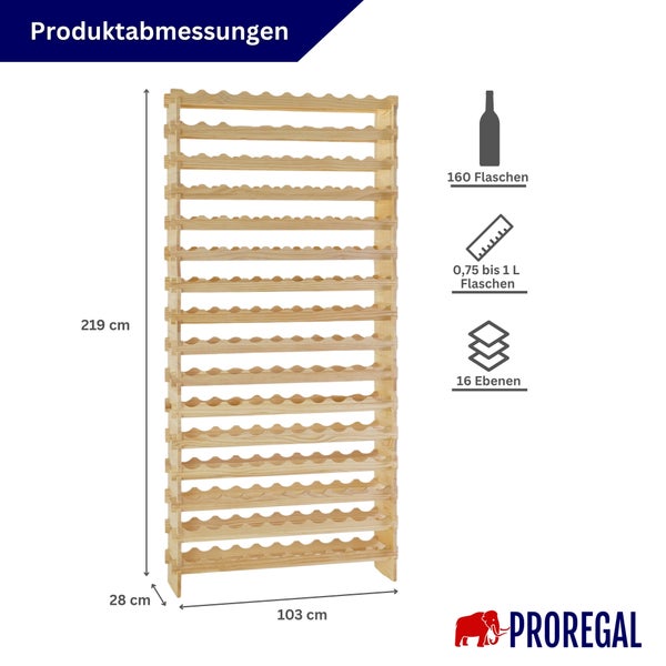 Produktabmessungen des hölzernen Weinregals von ProRegal: Höhe 219 cm, Breite 103 cm, Tiefe 28 cm, für bis zu 160 Flaschen auf 16 Ebenen.